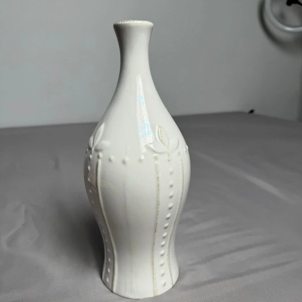 White Ceramic Bud Vase Embossed Floral Dotted Detail Iridescent Gloss 11.5 inch